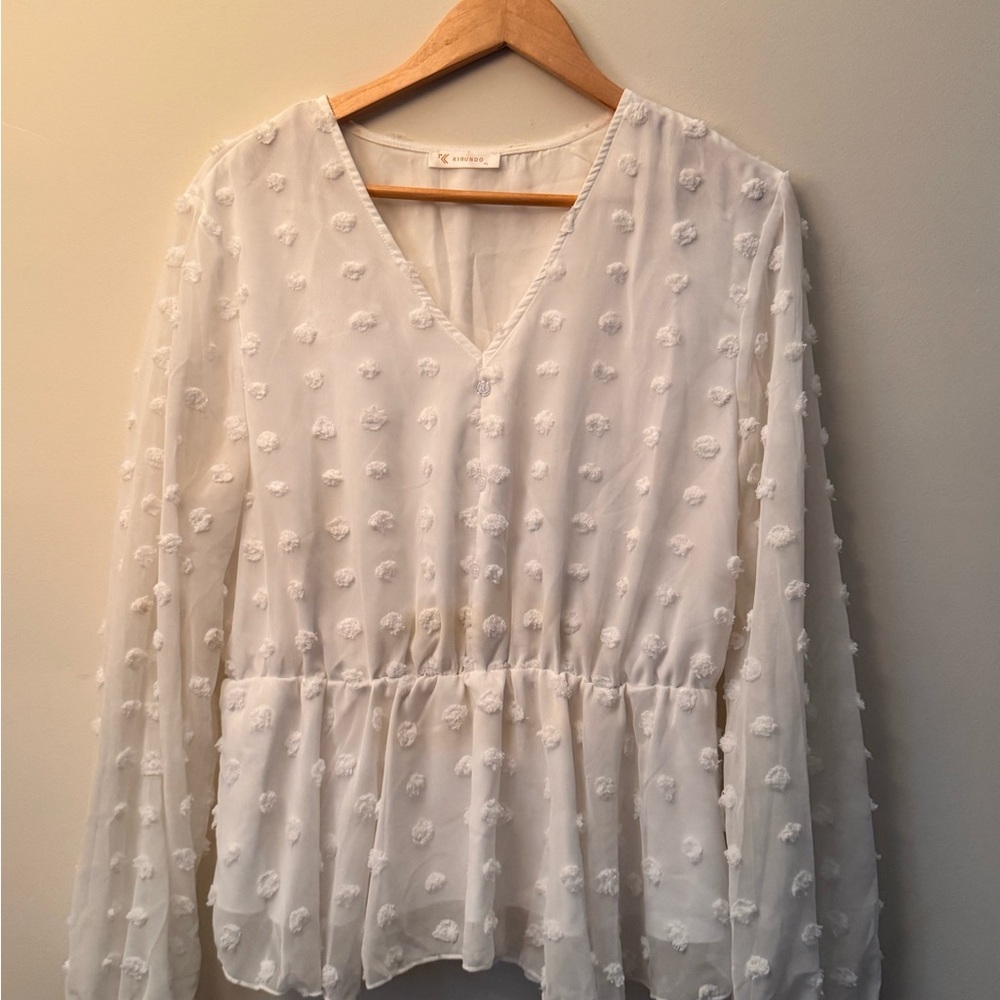 Amazon Cream Peplum Blouse with Ruffled Long Sleeves